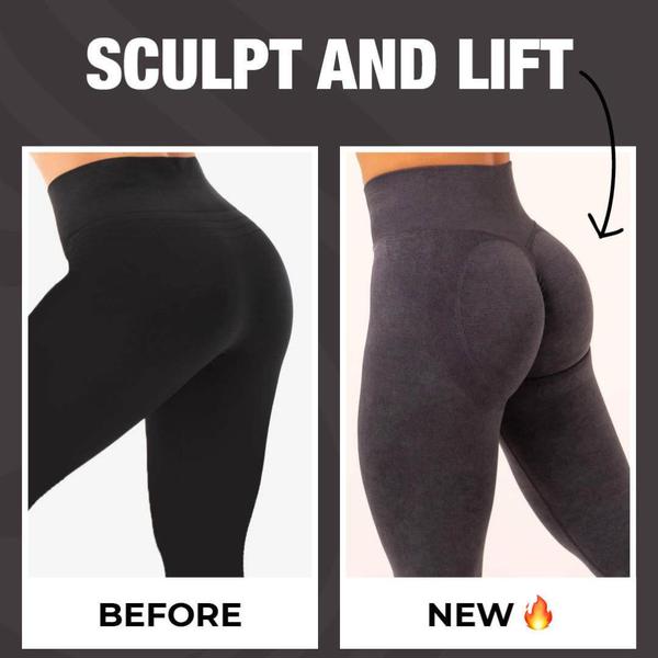 A split-screen comparison showing the visual lift and sculpt effect of the leggings, contrasting a standard fit against the new sculpting design.